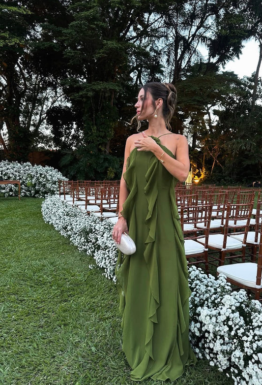 Spaghetti Strap Ruffled Green Chiffon Wedding Guest Dress J10244