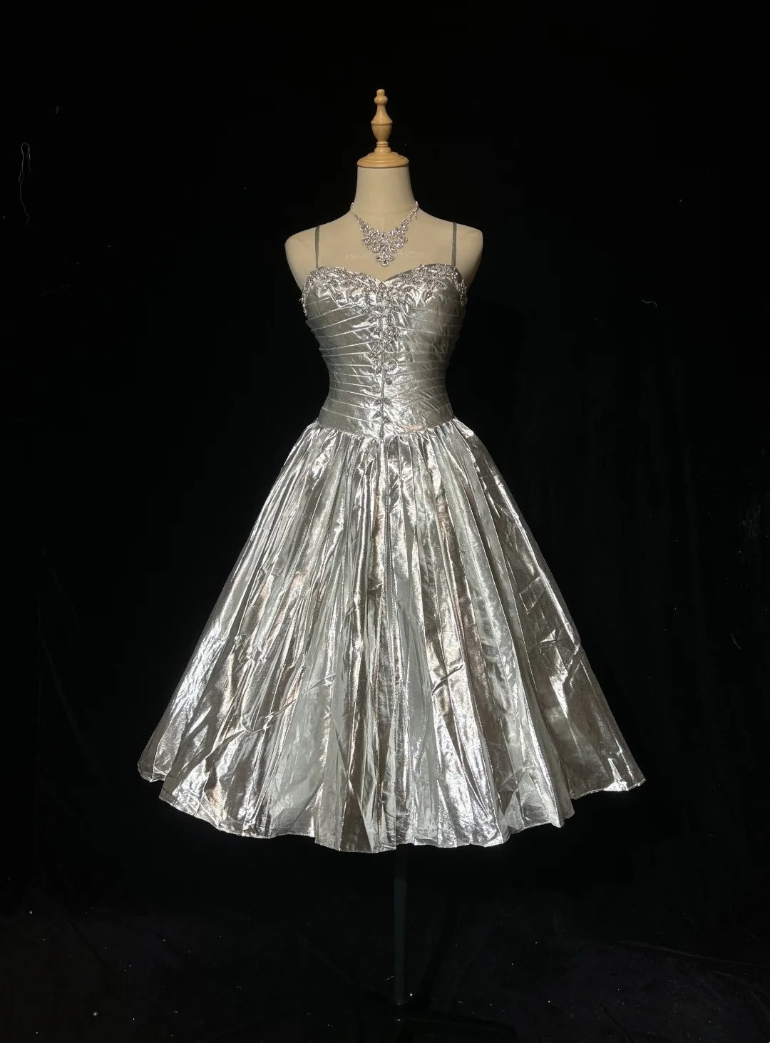 Spaghetti Strap Silver A Line Beaded Homecoming Dress  J10562