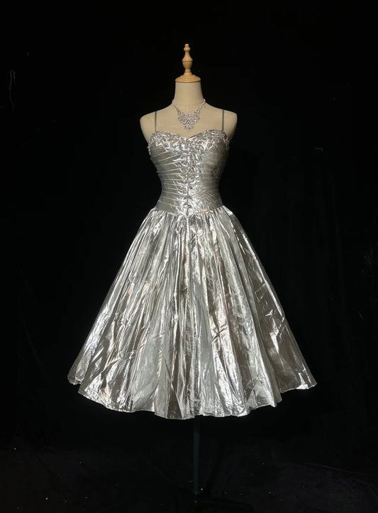 Spaghetti Strap Silver A Line Beaded Homecoming Dress  J10562