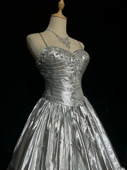 Spaghetti Strap Silver A Line Beaded Homecoming Dress  J10562