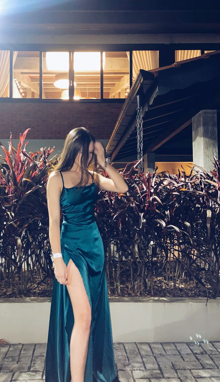 Spaghetti Strap Teal Satin Prom Dress With Slit  J9966