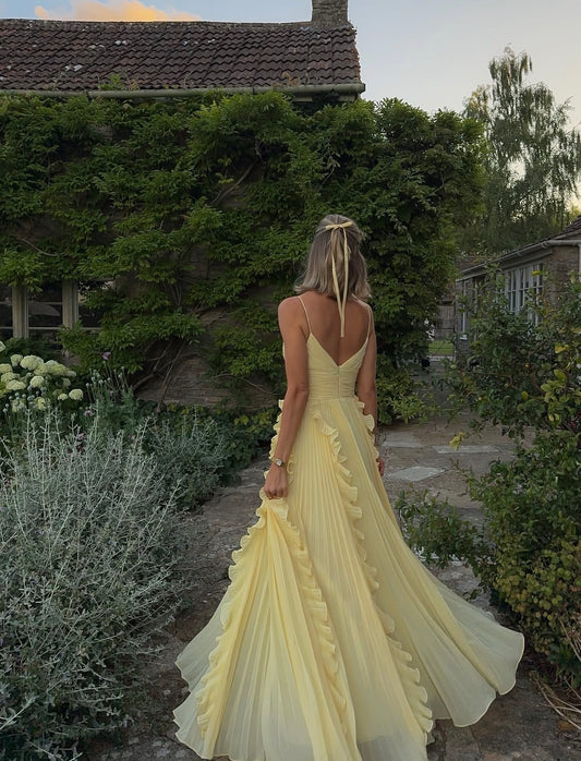 Spaghetti Strap Yellow Formal Wedding Guest Dress Pleated Prom Dress  J10427