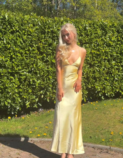 Spaghetti Strap Yellow Satin Prom Dress Formal Evening Dress  J10437