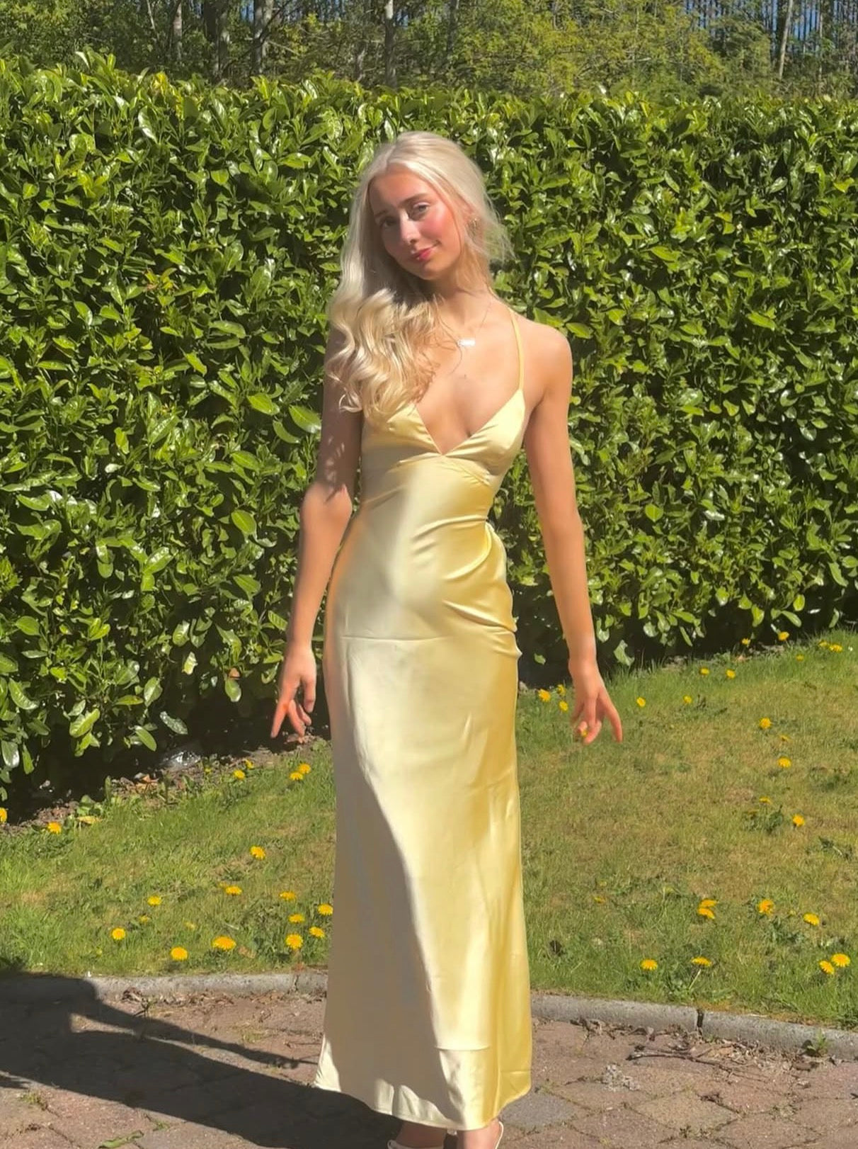 Spaghetti Strap Yellow Satin Prom Dress Formal Evening Dress  J10437