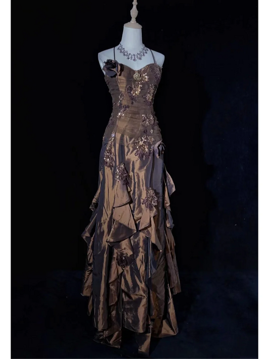 Trägerloses silbernes Vintage-Abendkleid, A-Linie, Geburtstagskleid J9370