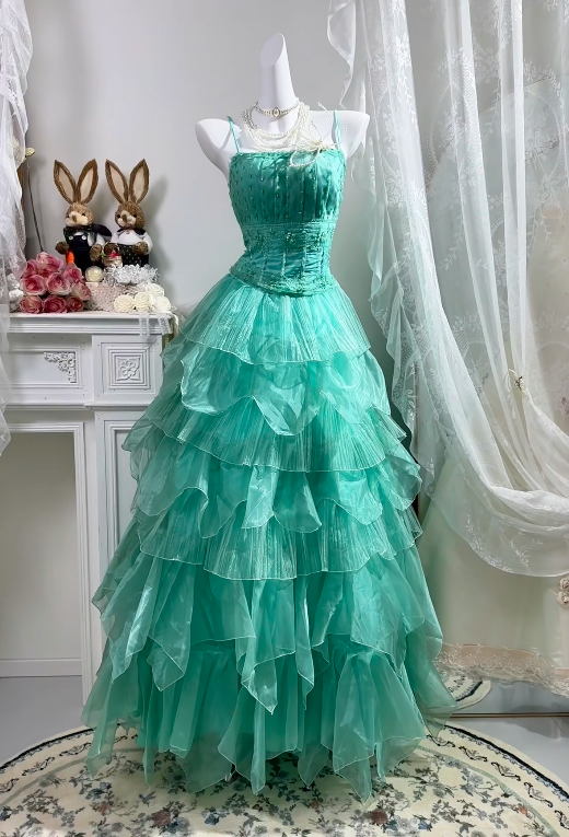 Spaghetti Straps A Line Organza Formal Prom Dress Organza Birthday Dress  J11175