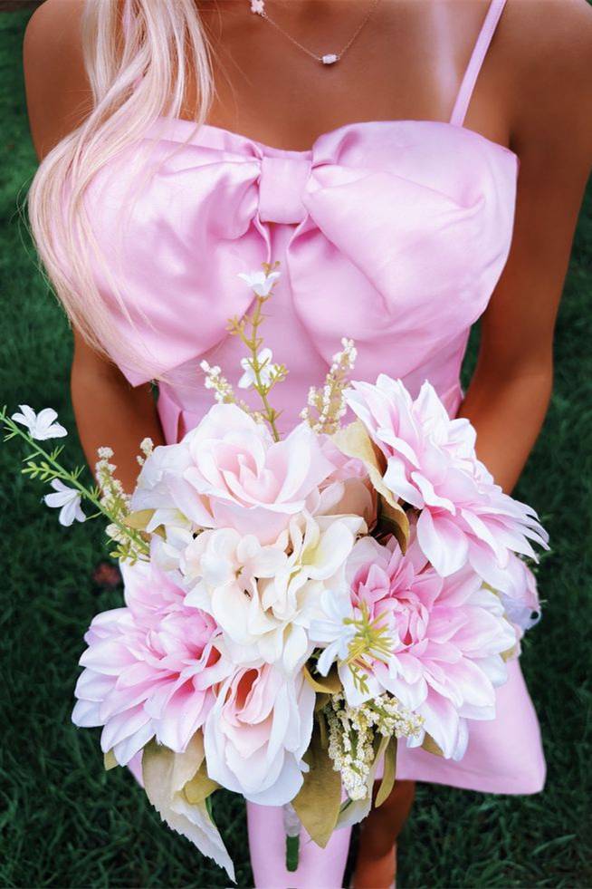 Spaghetti Straps A Line Satin Homecoming Dress With Bow Knot  J11265