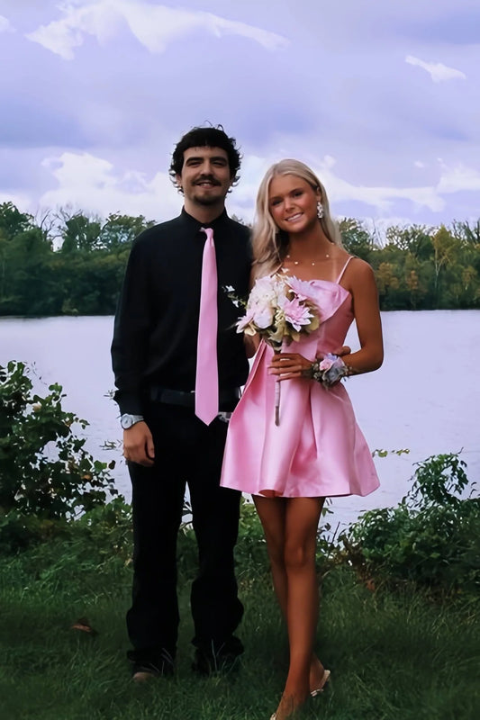 Spaghetti Straps A Line Satin Homecoming Dress With Bow Knot  J11265