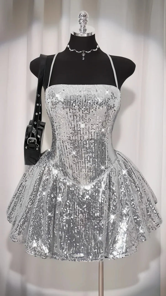 Spaghetti Straps A Line Silver Sequins Homecoming Dress  J11721