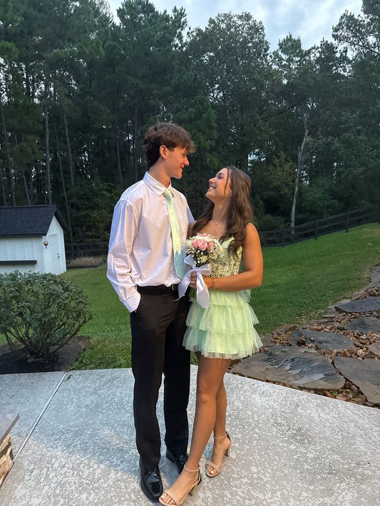 Spaghetti Straps Appliqued Green Layered Homecoming Dress  J11776