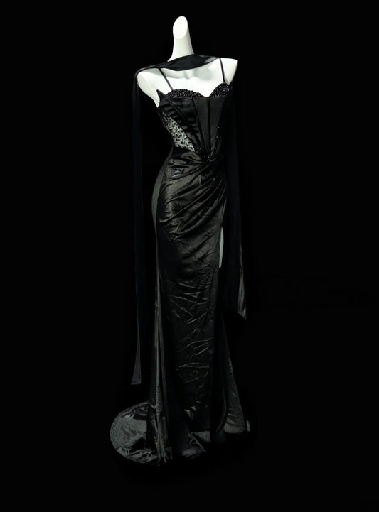 Spaghetti Straps Beaded Black Sheath Formal Prom Dress With Slit  J11817
