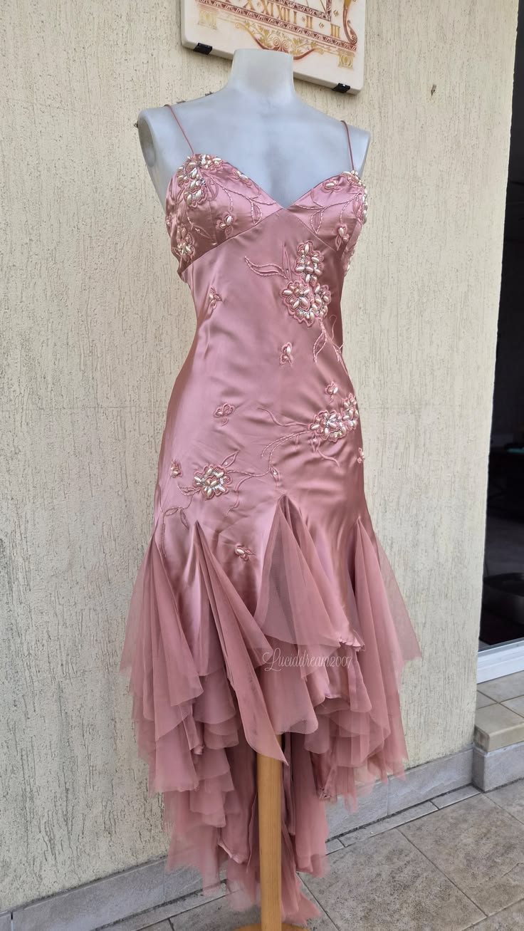Spaghetti Straps Beaded Pink Satin Formal Prom Dress Retro Evening Gown  J11663