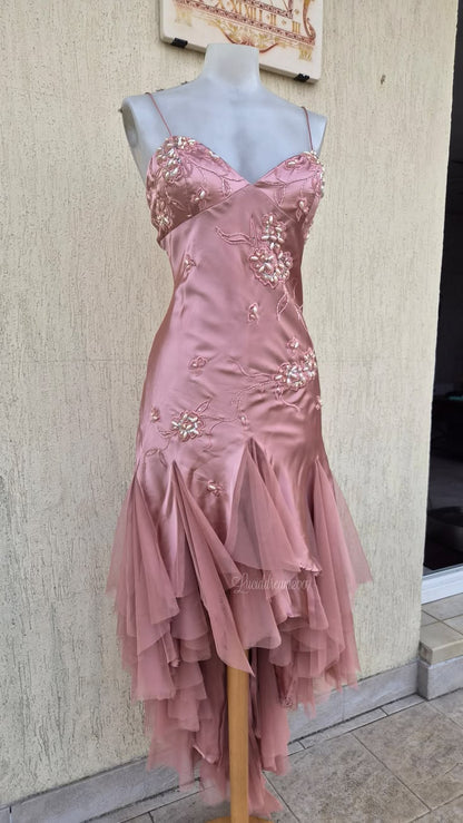 Spaghetti Straps Beaded Pink Satin Formal Prom Dress Retro Evening Gown  J11663