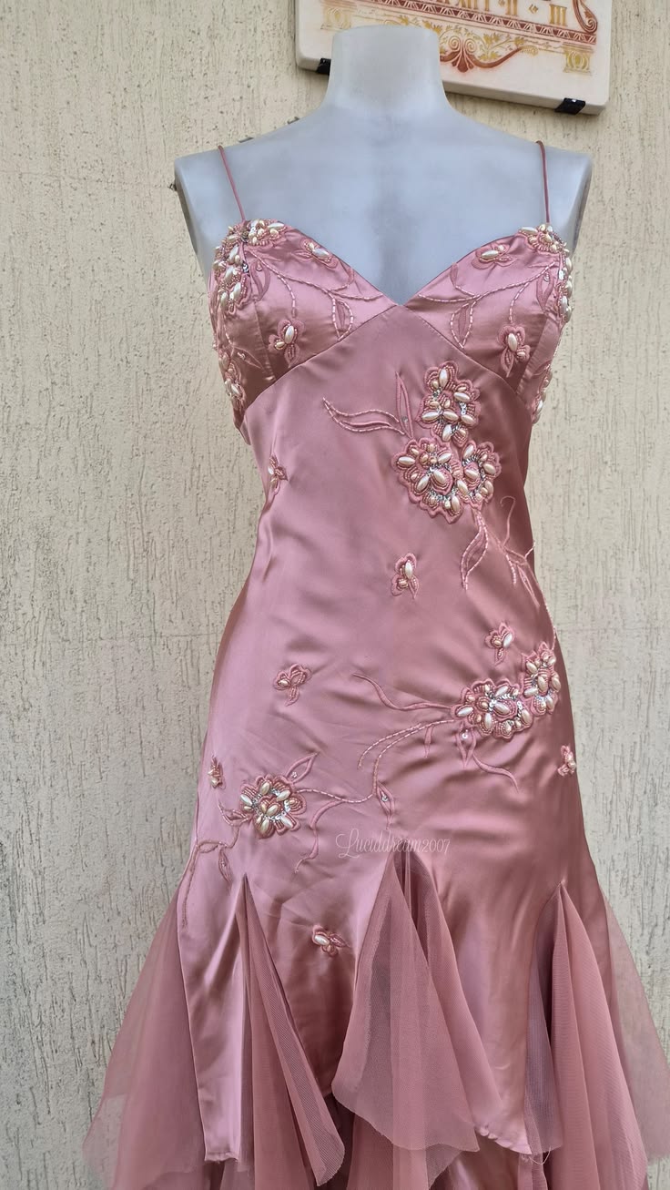 Spaghetti Straps Beaded Pink Satin Formal Prom Dress Retro Evening Gown  J11663