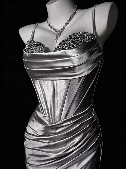 Spaghetti Straps Beaded Sliver Satin Mermaid Prom Dress with Slit   J11374