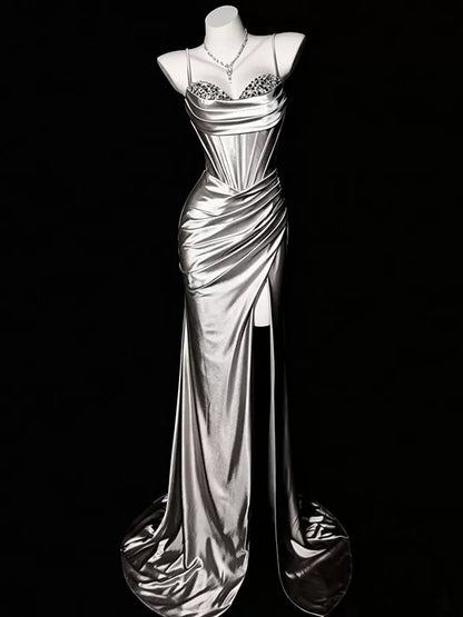 Spaghetti Straps Beaded Sliver Satin Mermaid Prom Dress with Slit   J11374