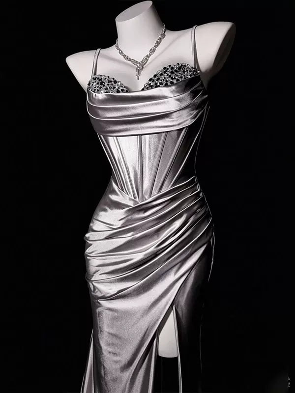 Spaghetti Straps Beaded Sliver Satin Mermaid Prom Dress with Slit   J11374