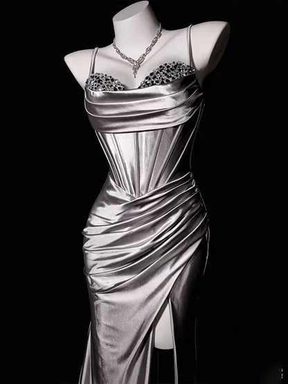 Spaghetti Straps Beaded Sliver Satin Mermaid Prom Dress with Slit   J11374