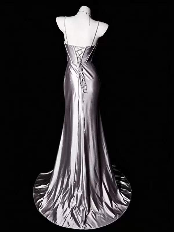 Spaghetti Straps Beaded Sliver Satin Mermaid Prom Dress with Slit   J11374