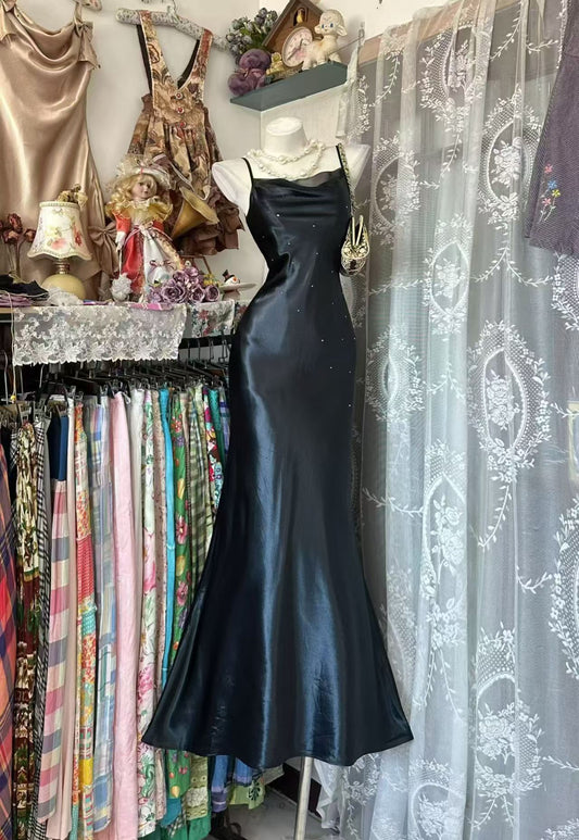 Spaghetti Straps Black Mermaid Prom Dress Retro Evening Gown  J10916