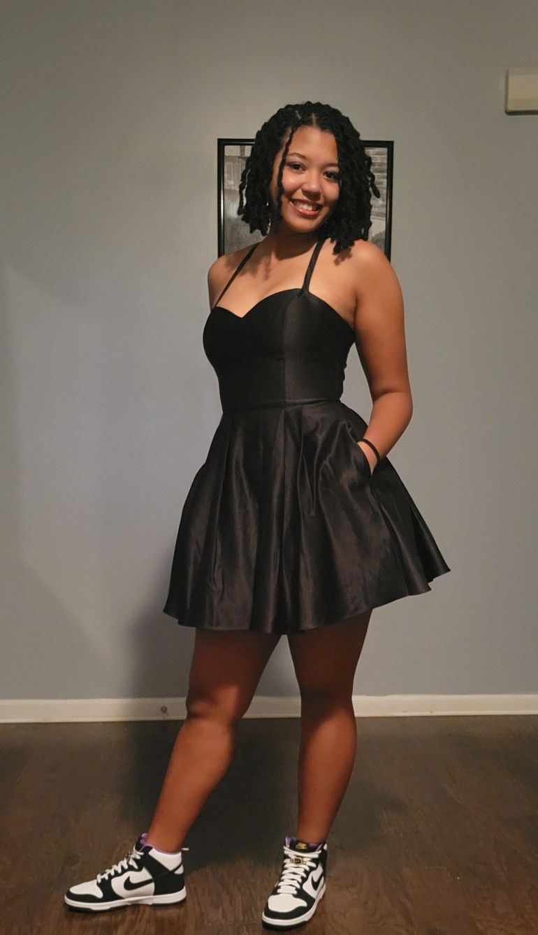 Spaghetti Straps Black Satin Homecoming Dress J10702