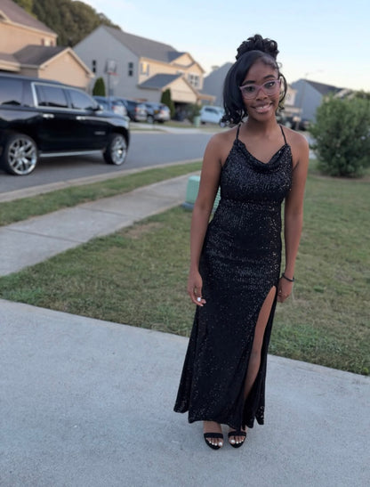 Spaghetti Straps Black Sequin Mermaid Prom Dress With Slit  J12079