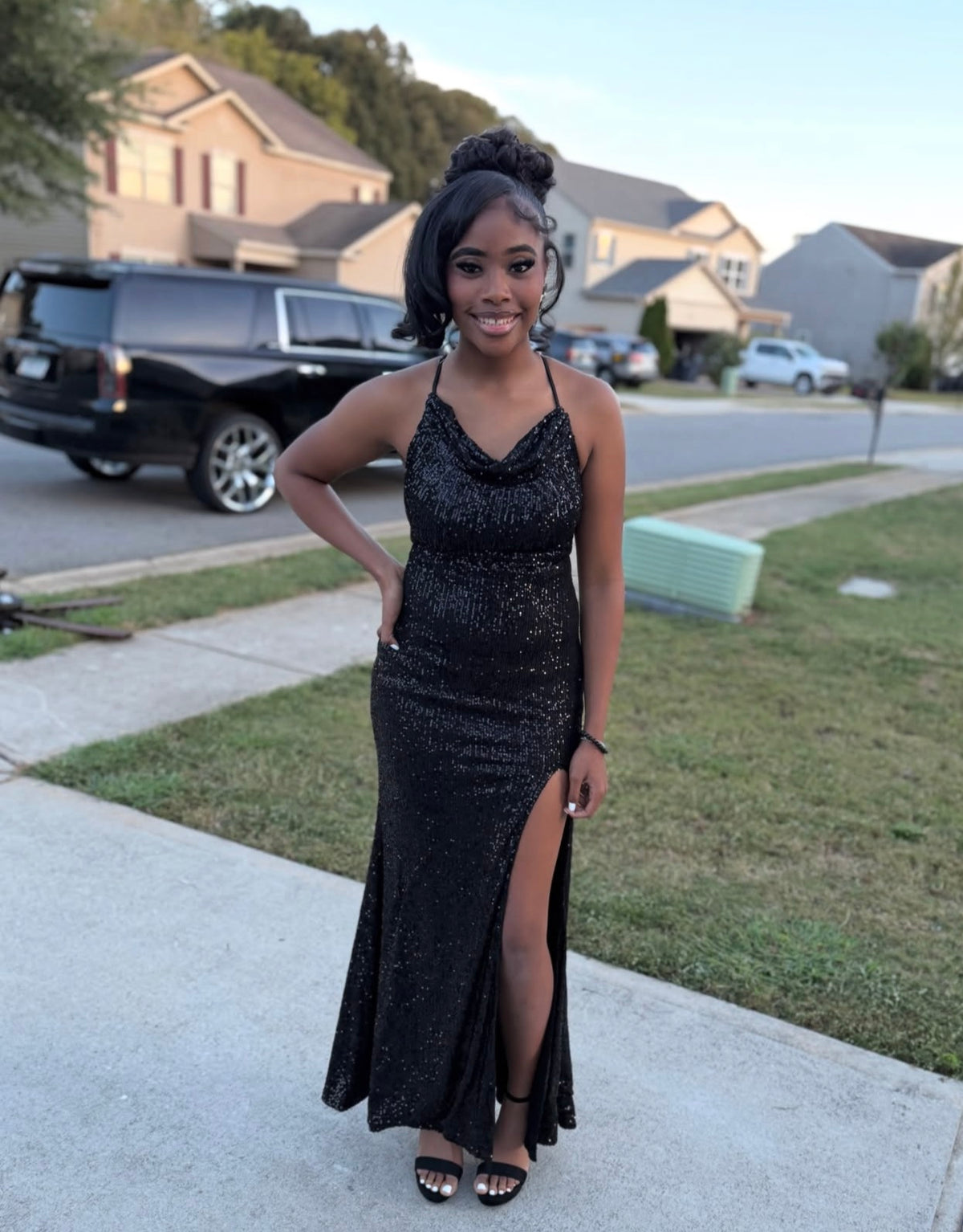 Spaghetti Straps Black Sequin Mermaid Prom Dress With Slit  J12079