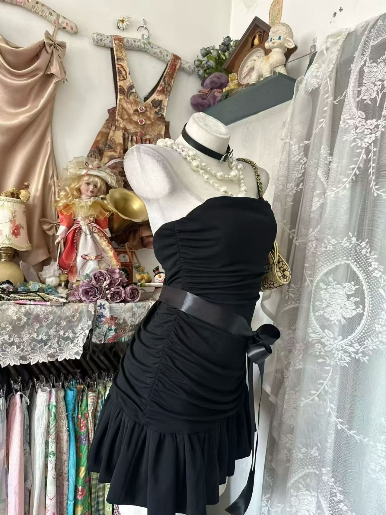 Trägerloses silbernes Vintage-Abendkleid, A-Linie, Geburtstagskleid J9370