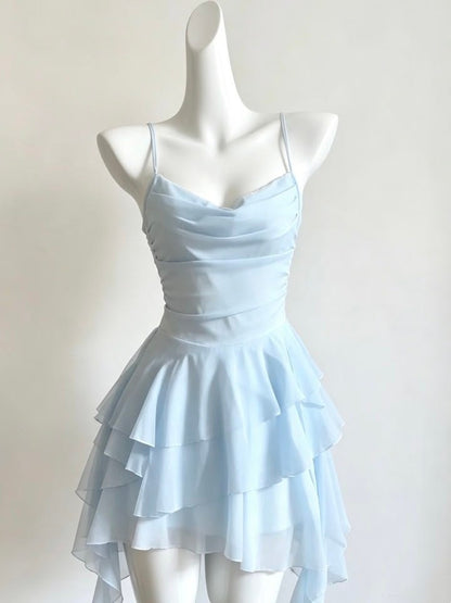 Spaghetti Straps Blue Chiffon Homecoming Layered Party Dress  J11387