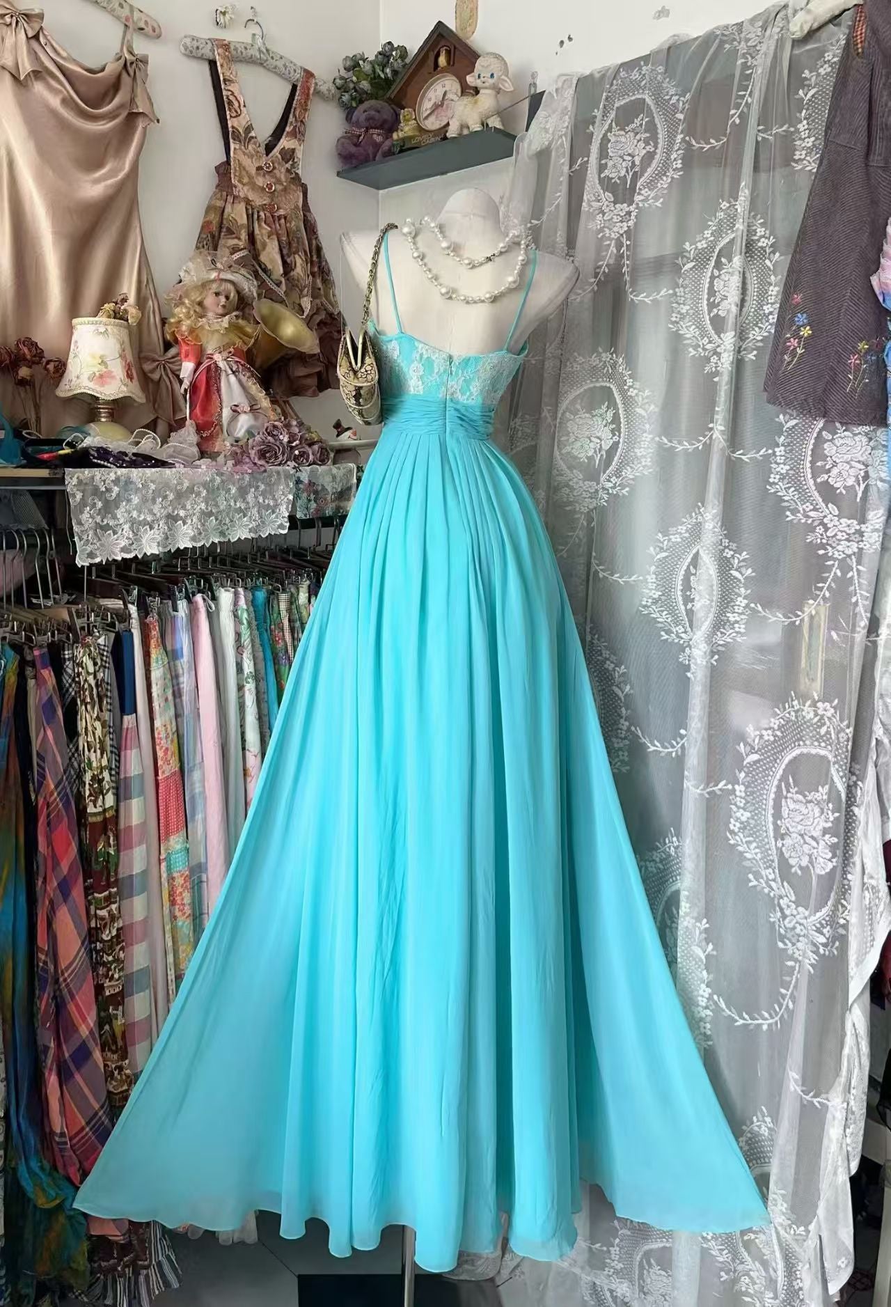 Spaghetti Straps Blue Chiffon Prom Dress Lace Wedding Guest Dress  J11005