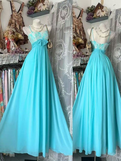 Spaghetti Straps Blue Chiffon Prom Dress Lace Wedding Guest Dress  J11005