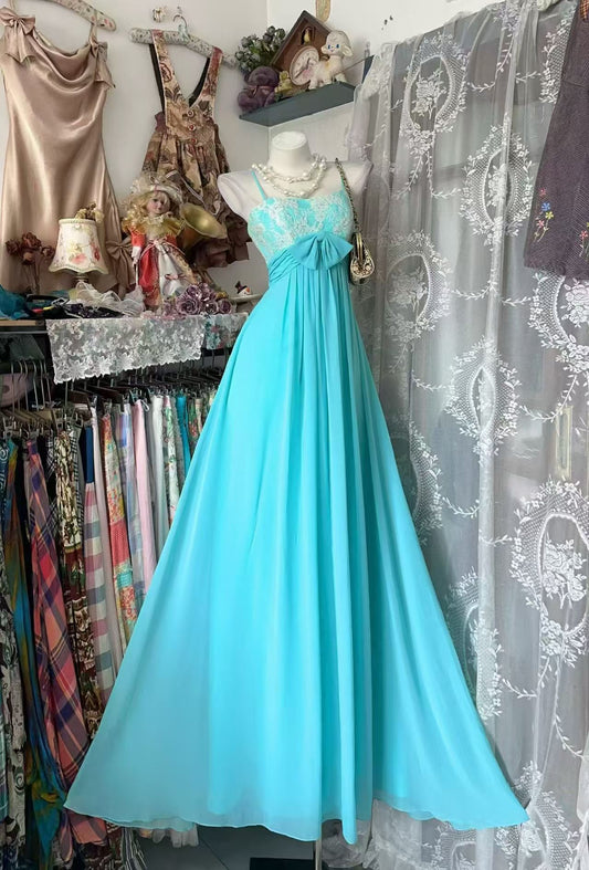 Spaghetti Straps Blue Chiffon Prom Dress Lace Wedding Guest Dress  J11005