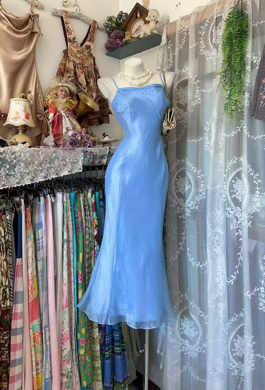 Spaghetti Straps Blue Mermaid Prom Dress Evening Gown  J10914
