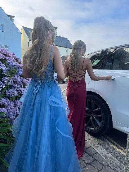 Spaghetti Straps Blue Ruffled Formal Prom Dress Appliqued Tulle Dress  J11928