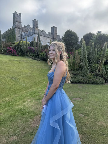 Spaghetti Straps Blue Ruffled Formal Prom Dress Appliqued Tulle Dress  J11928