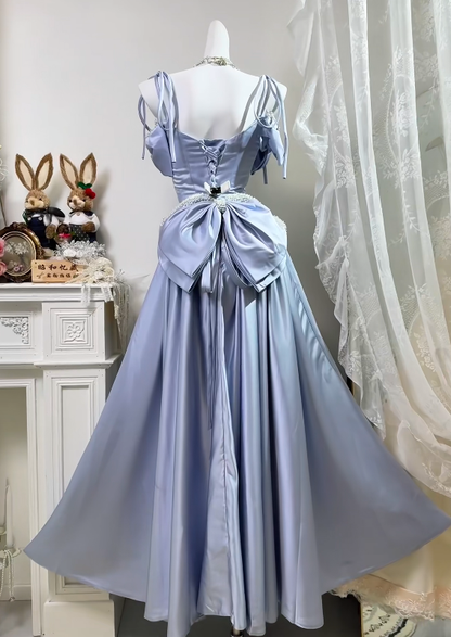 Spaghetti Straps Blue Satin Birthday Dress Sweet Formal Prom Dress  J10822