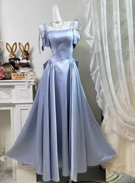 Spaghetti Straps Blue Satin Birthday Dress Sweet Formal Prom Dress  J10822