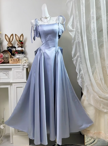 Spaghetti Straps Blue Satin Birthday Dress Sweet Formal Prom Dress  J10822