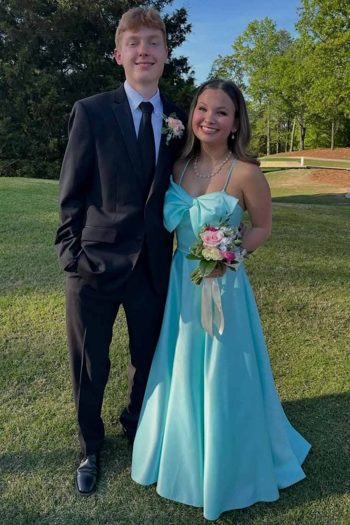 Spaghetti Straps Blue Satin Formal Prom Dress A Line Wedding Guest Dress  J11327