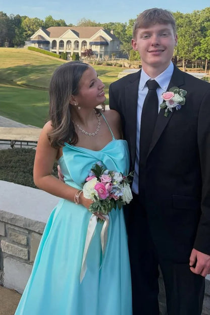 Spaghetti Straps Blue Satin Formal Prom Dress A Line Wedding Guest Dress  J11327