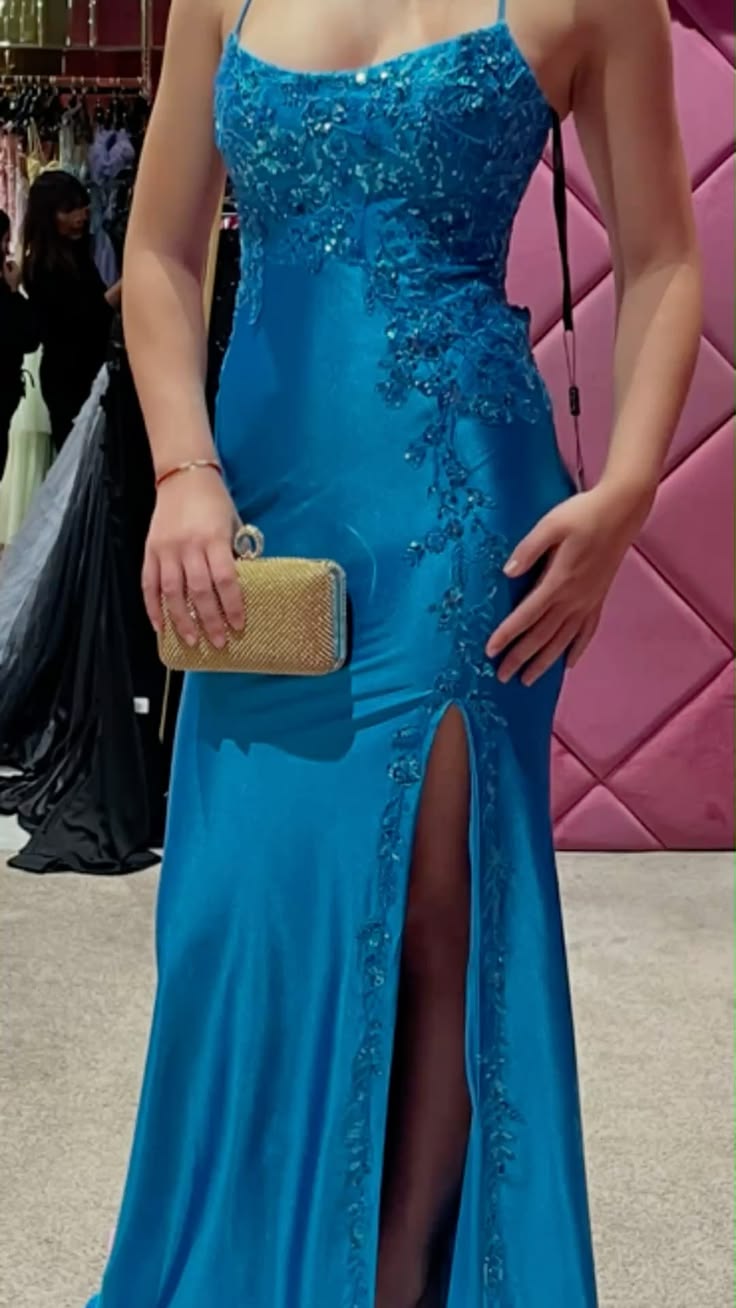 Spaghetti Straps Blue Satin Formal Prom Dress With Appliques  J11664