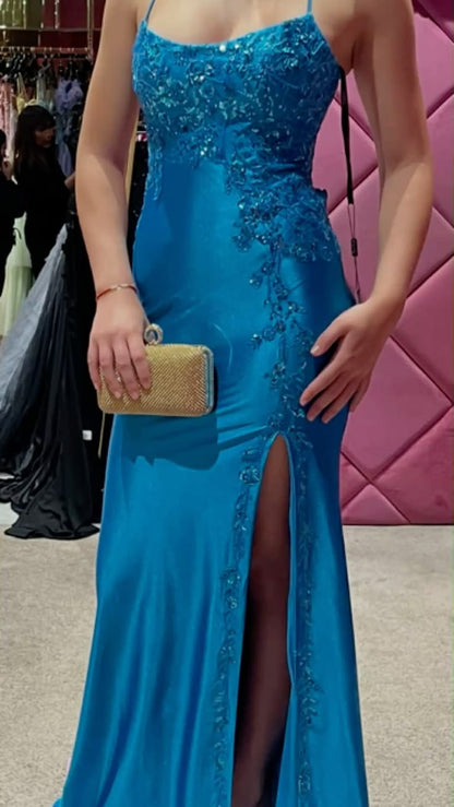 Spaghetti Straps Blue Satin Formal Prom Dress With Appliques  J11664