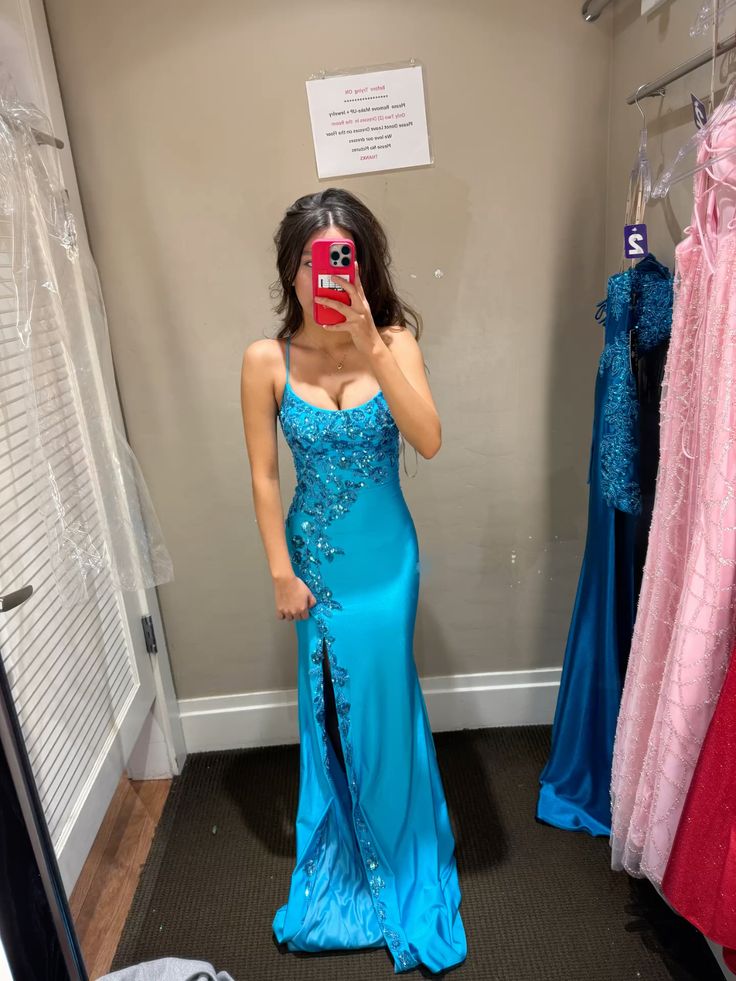 Spaghetti Straps Blue Satin Formal Prom Dress With Appliques  J11664