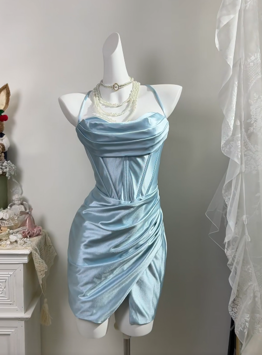 Spaghetti Straps Blue Satin Homecoming Dress Short Party Dress   J11158
