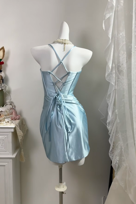 Spaghetti Straps Blue Satin Homecoming Dress Short Party Dress   J11158