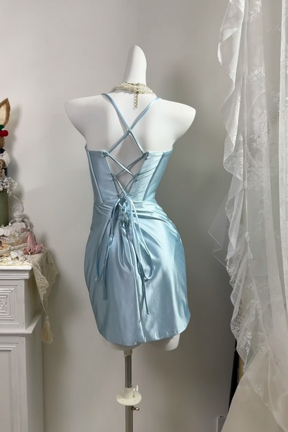 Spaghetti Straps Blue Satin Homecoming Dress Short Party Dress   J11158