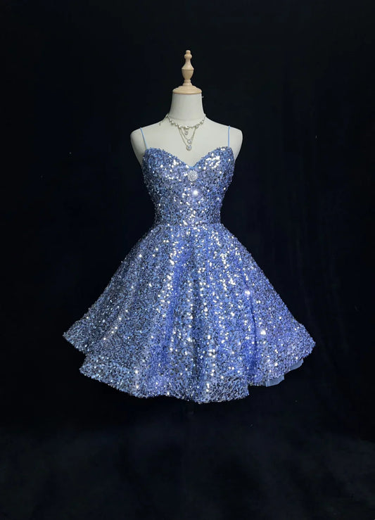 Spaghetti Straps Blue Sequin Homecoming Dress Short Birthday Dress  J11022