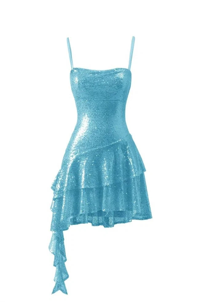 Spaghetti Straps Blue Sequins A Line Ruffled Homecoming Dress J11228