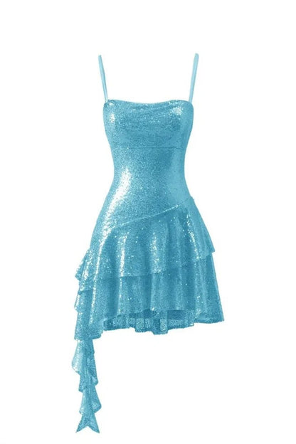 Spaghetti Straps Blue Sequins A Line Ruffled Homecoming Dress J11228