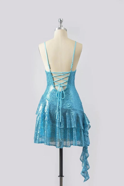 Spaghetti Straps Blue Sequins A Line Ruffled Homecoming Dress J11228